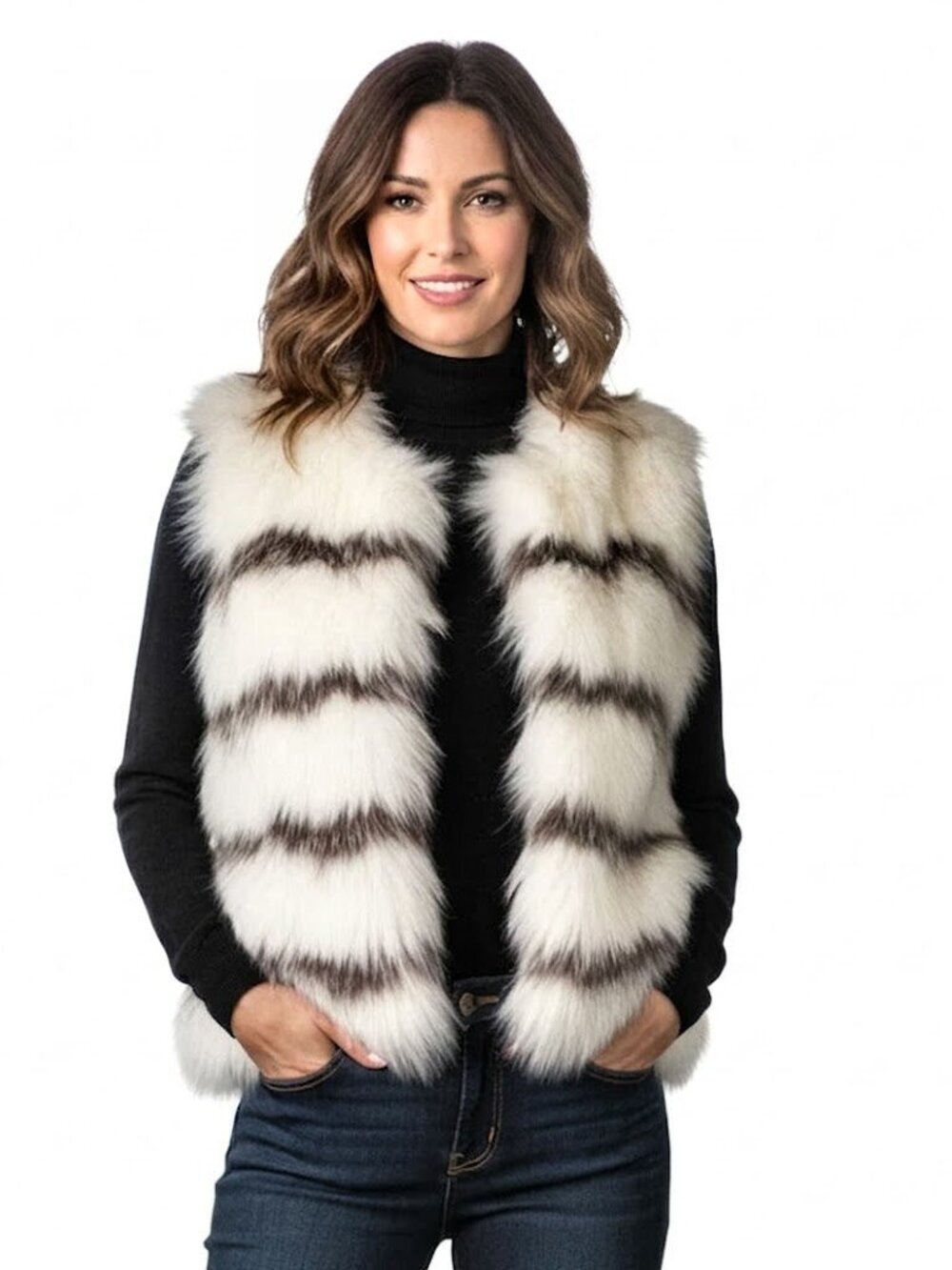 TASHA TARNO Knit Genuine Frost Fox Fur Vest, Womens Size Small